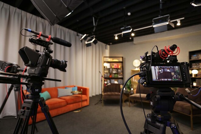 Professional Podcast Studio w/ 3 Arm Chairs & Bookshelves