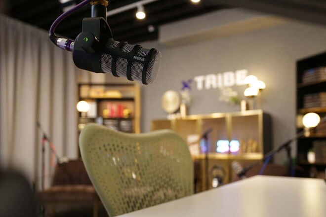 Professional Podcast Studio w/ 3 Arm Chairs & Bookshelves