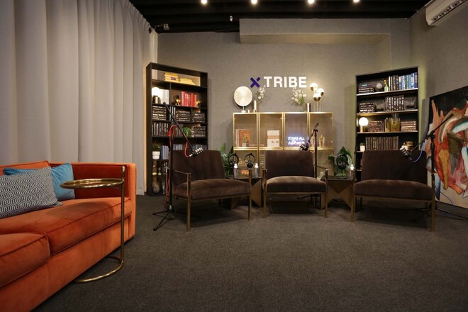 Professional Podcast Studio w/ 3 Arm Chairs & Bookshelves