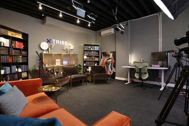 Professional Podcast Studio w/ 3 Arm Chairs & Bookshelves