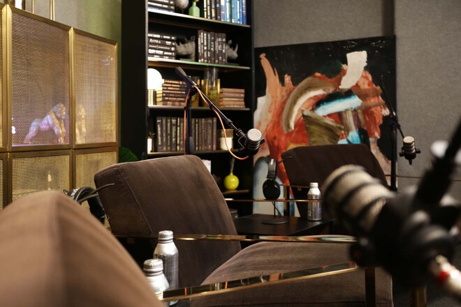 Professional Podcast Studio w/ 3 Arm Chairs & Bookshelves
