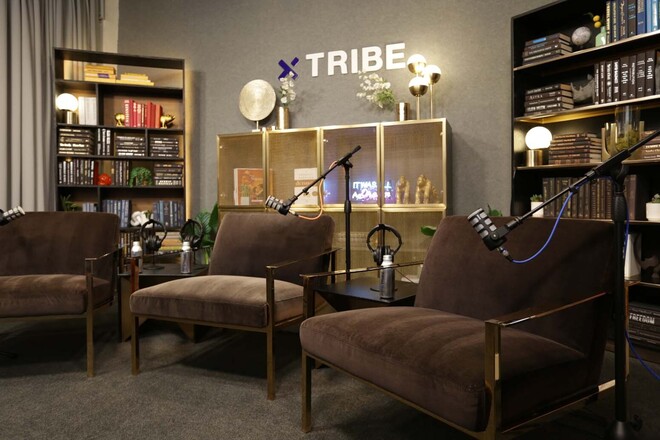Professional Podcast Studio w/ 3 Arm Chairs & Bookshelves