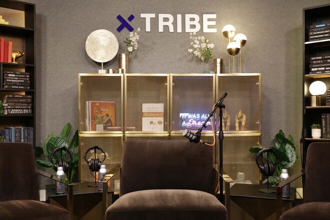 Professional Podcast Studio w/ 3 Arm Chairs & Bookshelves