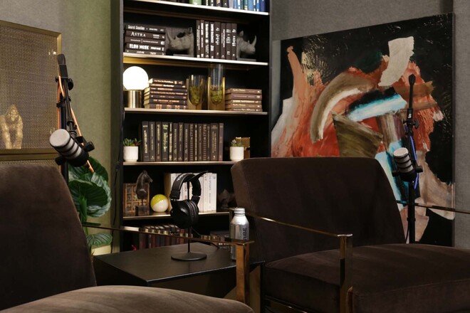 Professional Podcast Studio w/ 3 Arm Chairs & Bookshelves