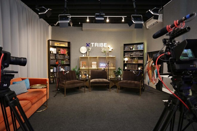 Professional Podcast Studio w/ 3 Arm Chairs & Bookshelves