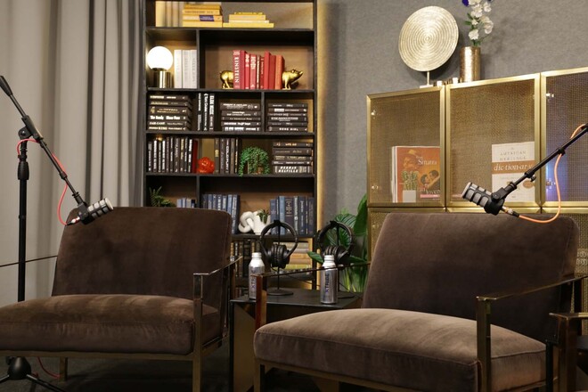 Professional Podcast Studio w/ 3 Arm Chairs & Bookshelves