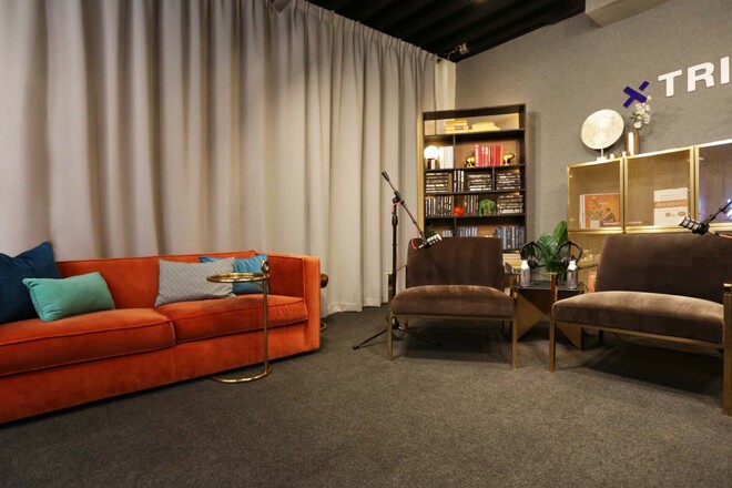 Professional Podcast Studio w/ 3 Arm Chairs & Bookshelves