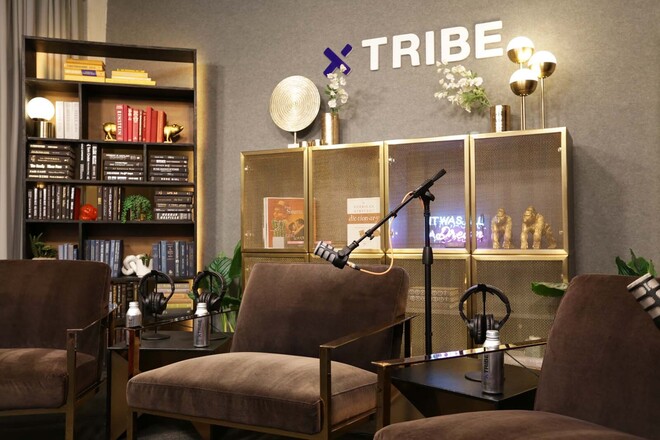 Professional Podcast Studio w/ 3 Arm Chairs & Bookshelves