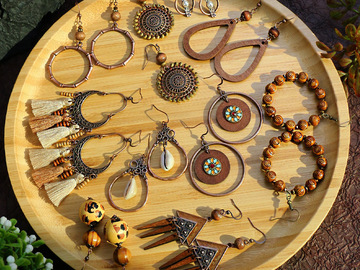 Bulk Lots: 60 pairs of vintage wooden beads hand-woven hollow wood earrings