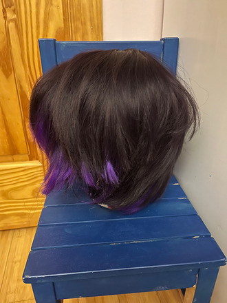 Short black wig with purple highlights