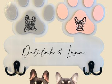 Selling with online payment: Wall hung personalised pet portrait double paw dog lead hook