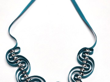  : Teal ribbon necklace with ceramic beads