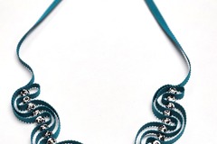  : Teal ribbon necklace with ceramic beads