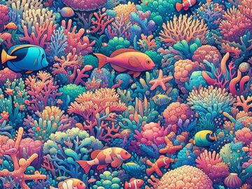 Selling: Seamless pattern of a vibrant underwater coral reef teeming 