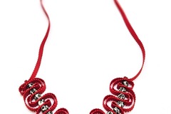  : Red ribbon necklace with floral ceramic beads