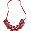  : Red ribbon necklace with floral ceramic beads