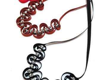  : Black ribbon necklace with floral ceramic beads