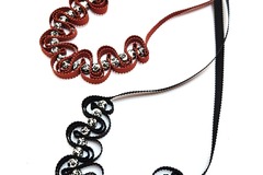  : Black ribbon necklace with floral ceramic beads