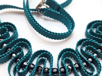  : Teal ribbon necklace with anthracite beads