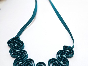  : Teal ribbon and glass bead necklace