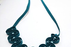  : Teal ribbon and glass bead necklace