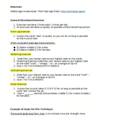 Vocal Function Exercises(VFE) Voice Technique Handout and Chartin