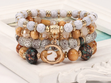 Bulk Lots: 40pcs Wooden beads multi-layer elastic ladies bracelet versatile
