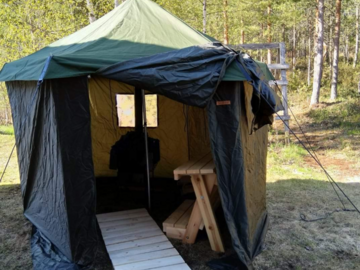 Vuokrataan (päivä): Savotta pieni telttasauna + kiuas + 10l lämminvesivaraaja