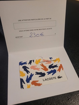 Carte cadeau LACOSTE 230 a vendre pour seulement 200 sur SleepingMoney