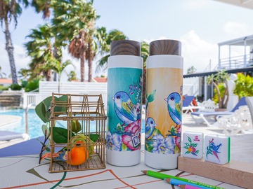  : NEW! Travel with Mahjong & Sparrow Wood Grain Lid Thermal Tumbler