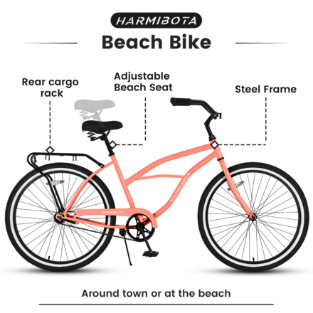 HARMI 26 Inch Beach Cruiser Bike For Men And Women, Steel Frame, 