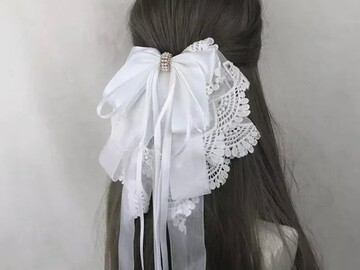 Selling with online payment: White - Long Oversized Satin & Lace Bow French Barrette Hair Clip