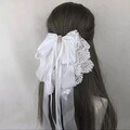 Selling with online payment: White - Long Oversized Satin & Lace Bow French Barrette Hair Clip