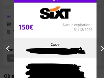 Vente: e-Carte cadeau Sixt (150€)