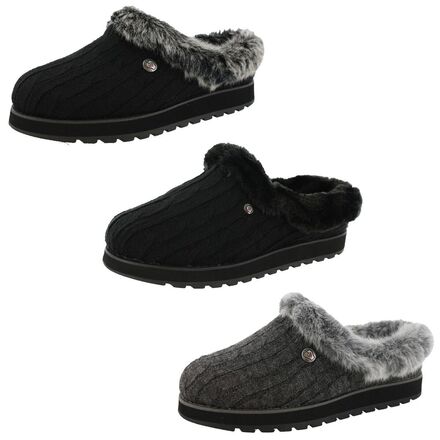 Skechers Sweater Knit Faux Fur Slippers in Black & Charcoal Color