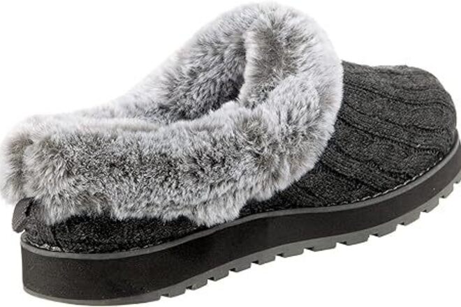 Skechers Sweater Knit Faux Fur Slippers in Black & Charcoal Color