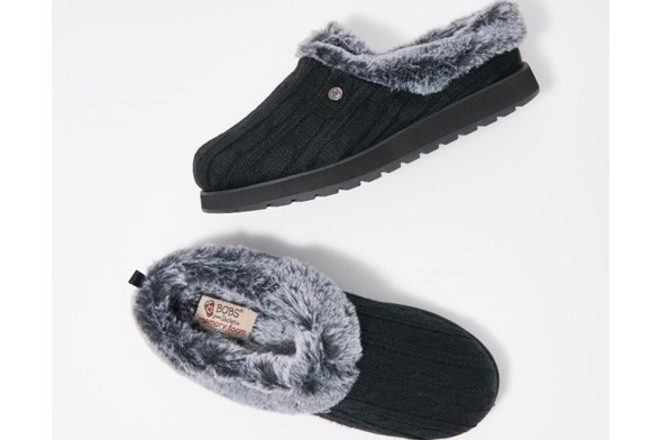 Skechers Sweater Knit Faux Fur Slippers in Black & Charcoal Color