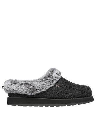 Skechers Sweater Knit Faux Fur Slippers in Black & Charcoal Color