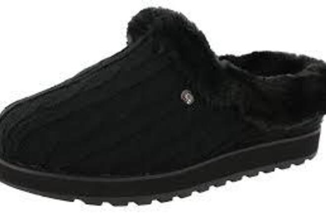 Skechers Sweater Knit Faux Fur Slippers in Black & Charcoal Color