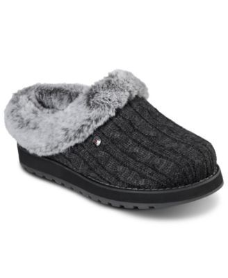 Skechers Sweater Knit Faux Fur Slippers in Black & Charcoal Color