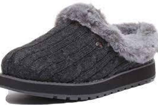 Skechers Sweater Knit Faux Fur Slippers in Black & Charcoal Color