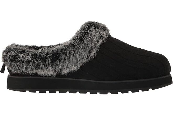 Skechers Sweater Knit Faux Fur Slippers in Black & Charcoal Color
