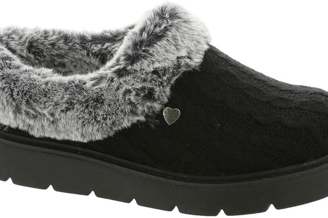 Skechers Sweater Knit Faux Fur Slippers in Black & Charcoal Color