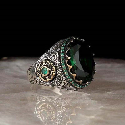 220pcs  Men's Engraved Pattern Vintage Egg Shape Aquamarine Ring