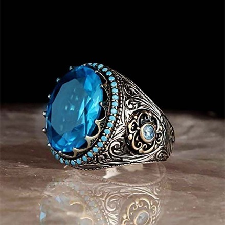 220pcs  Men's Engraved Pattern Vintage Egg Shape Aquamarine Ring
