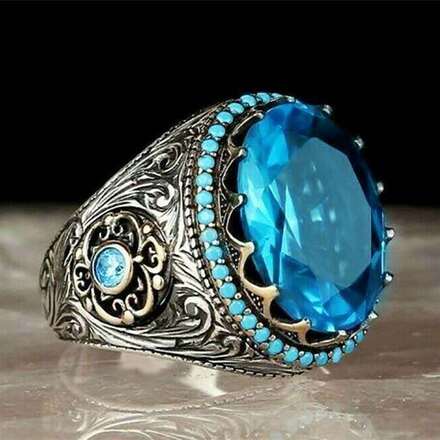 220pcs  Men's Engraved Pattern Vintage Egg Shape Aquamarine Ring