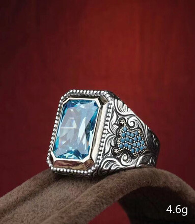 220pcs  Men's Engraved Pattern Vintage Egg Shape Aquamarine Ring
