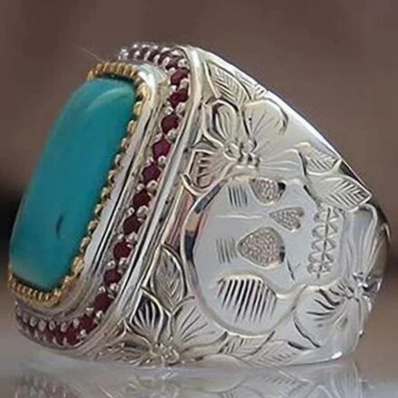 220pcs  Men's Engraved Pattern Vintage Egg Shape Aquamarine Ring