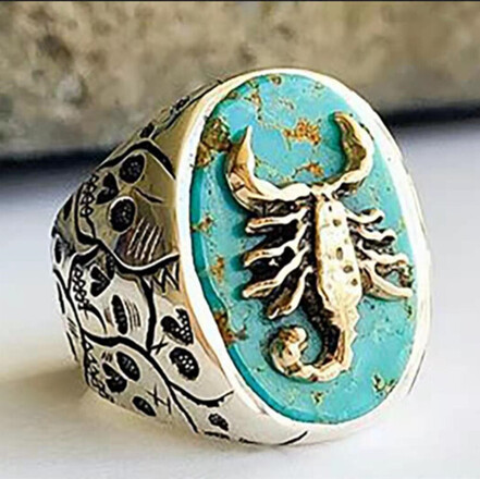 220pcs  Men's Engraved Pattern Vintage Egg Shape Aquamarine Ring