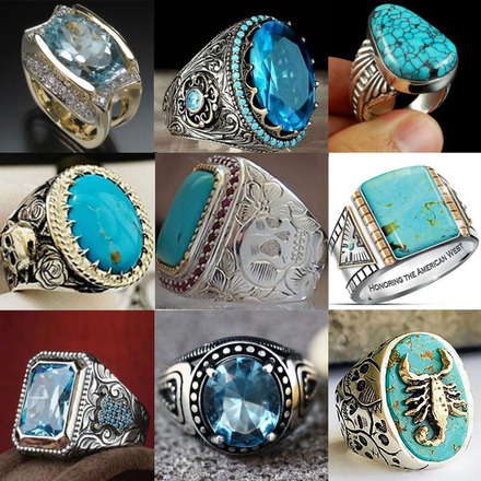 220pcs  Men's Engraved Pattern Vintage Egg Shape Aquamarine Ring